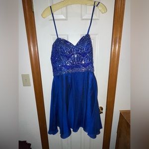 Sherri Hill blue short formal dress with sequins and spaghetti straps